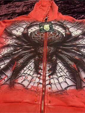STRAY Spider Web Graphic Studded Red Full Zip Hoodie Men 2XL